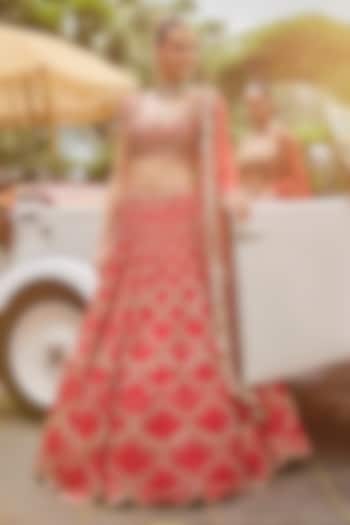 Red Silk & Tissue Jewel Stone Hand Embellished Bridal Lehenga Set by Swish By dolcy and Simran at Pernia's Pop Up Shop