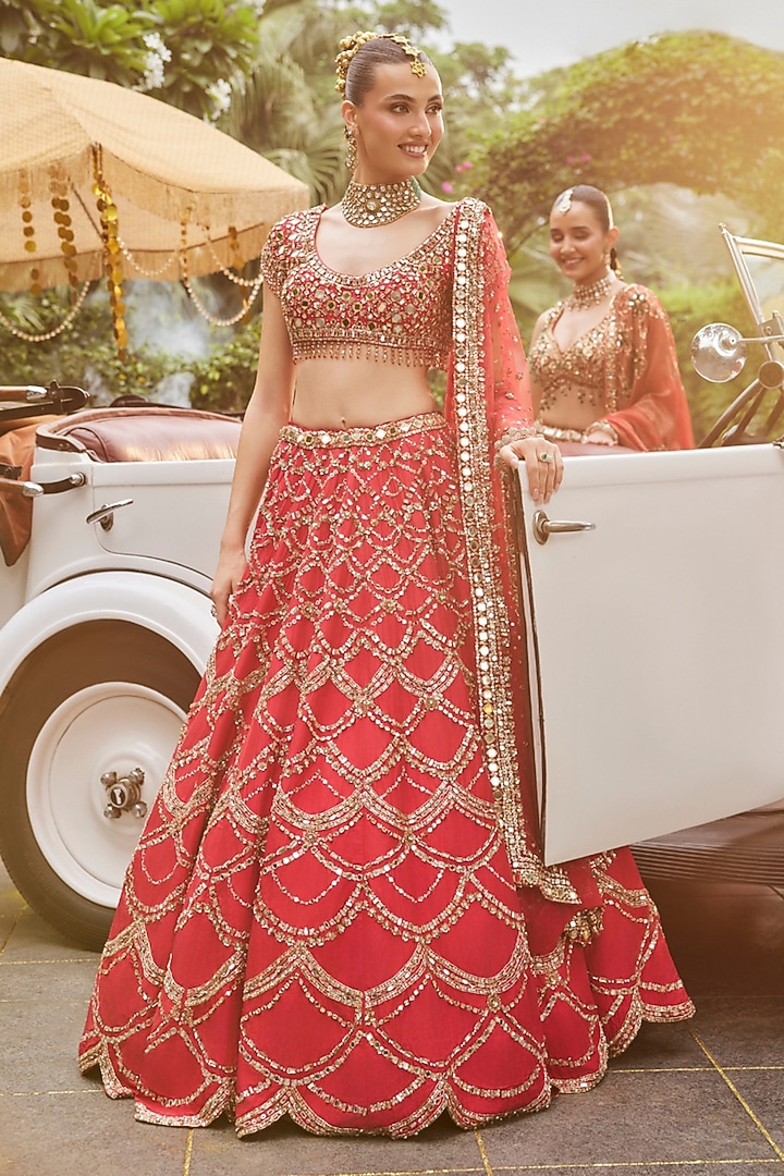 Red Silk & Tissue Jewel Stone Hand Embellished Bridal Lehenga Set by Swish By dolcy and Simran at Pernia's Pop Up Shop