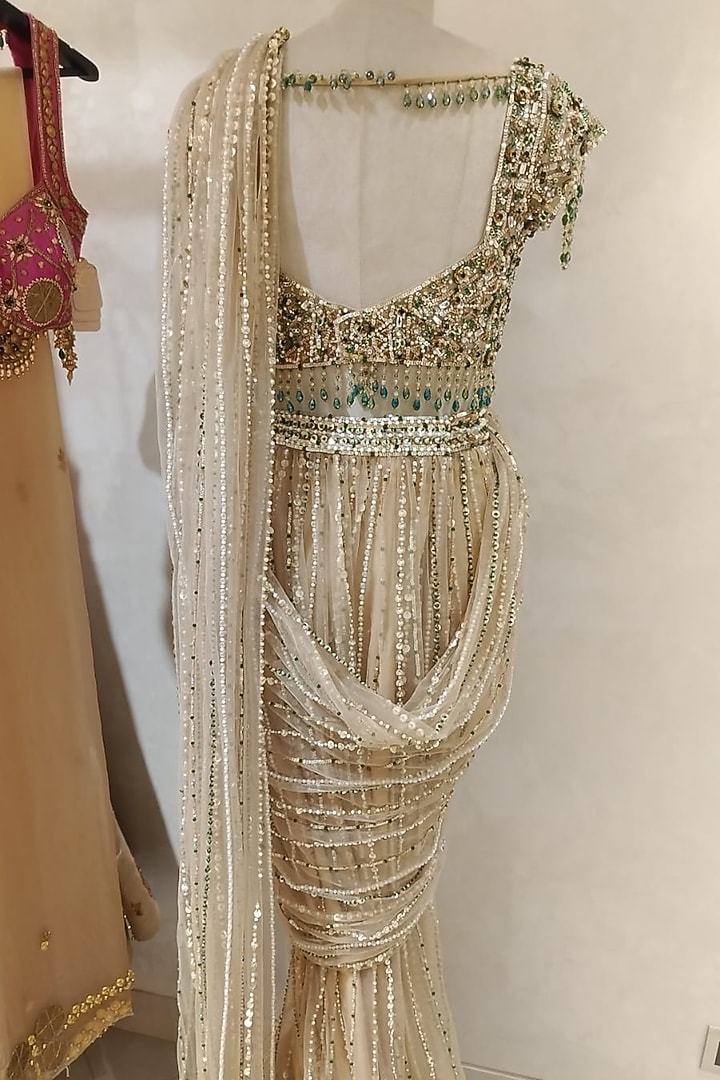 Champagne Gold Net Sequins Embellished Bridal Saree Set by Swish By dolcy and Simran at Pernia's Pop Up Shop