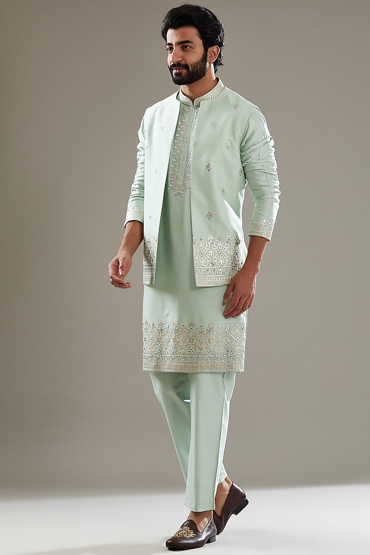 Teal Blue Cotton Silk Hand & Machine Embroidered Bundi Jacket Set by SBJ at Pernia's Pop Up Shop