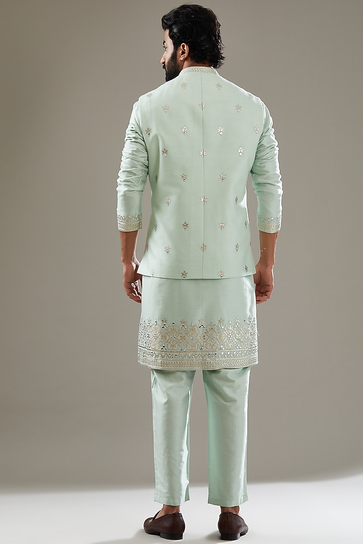 Teal Blue Cotton Silk Hand & Machine Embroidered Bundi Jacket Set by SBJ at Pernia's Pop Up Shop