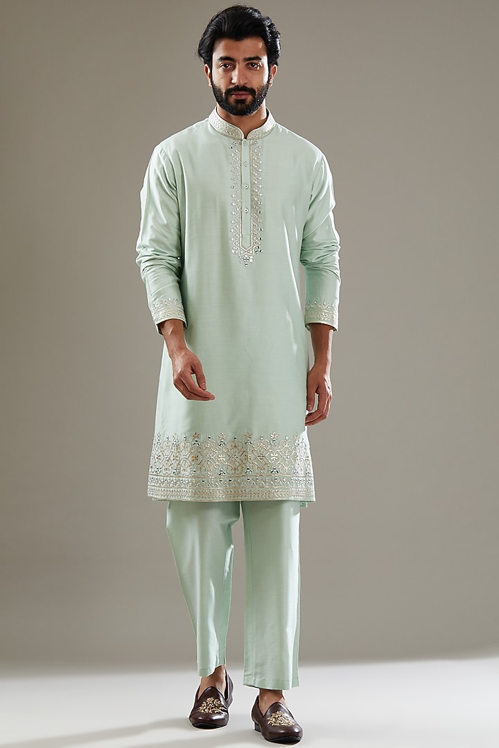 Teal Blue Cotton Silk Hand & Machine Embroidered Bundi Jacket Set by SBJ at Pernia's Pop Up Shop