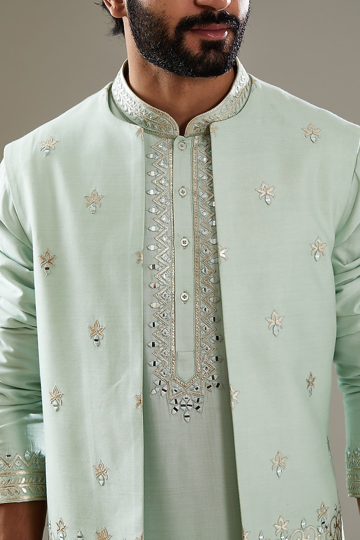 Teal Blue Cotton Silk Hand & Machine Embroidered Bundi Jacket Set by SBJ at Pernia's Pop Up Shop