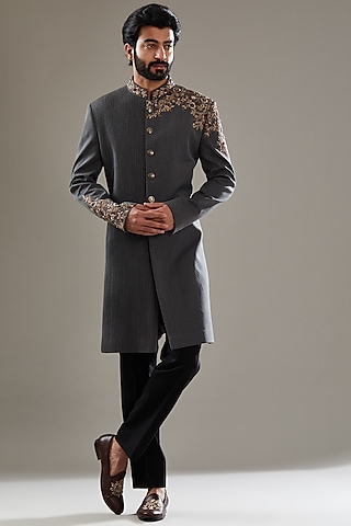 Grey Italian Fabric Embroidered Indowestern Set by SBJ
