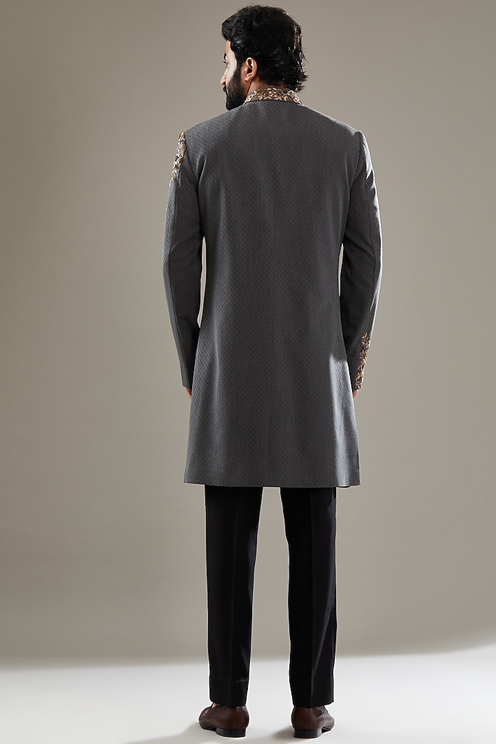 Grey Italian Fabric Embroidered Wedding Indowestern Set by SBJ at Pernia's Pop Up Shop