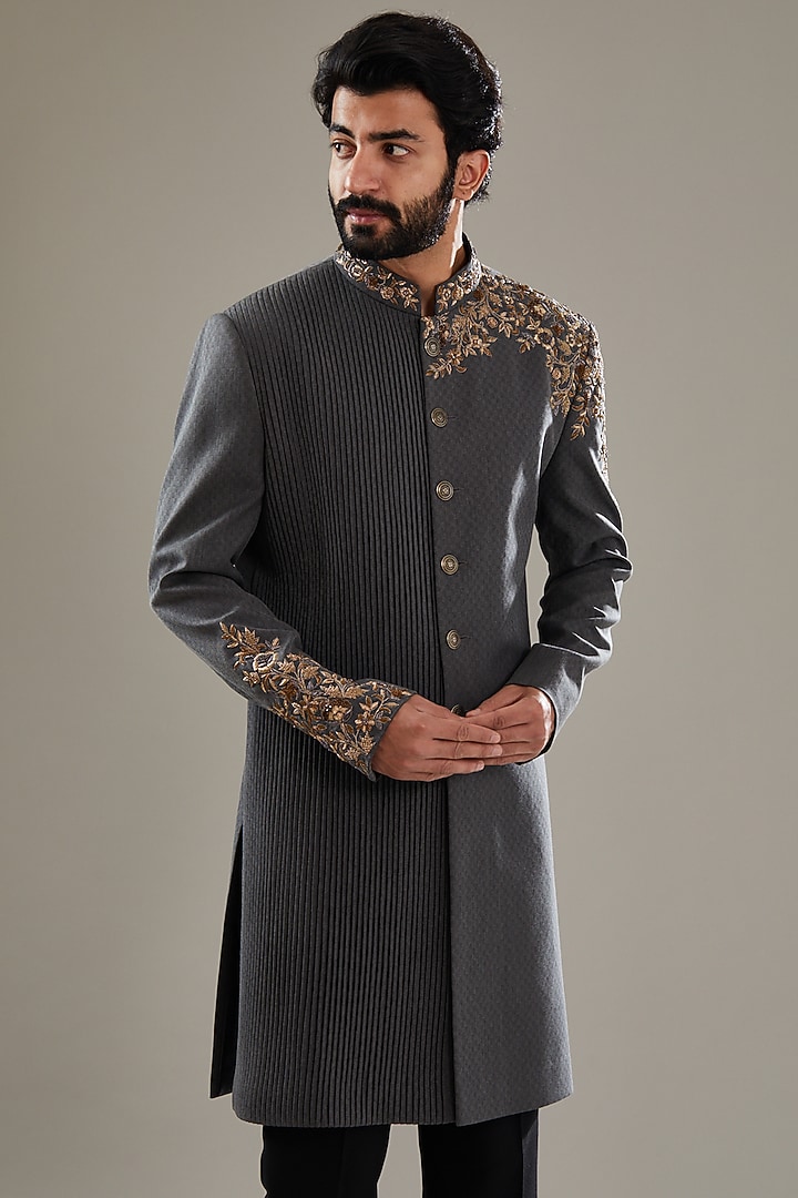 Grey Italian Fabric Embroidered Wedding Indowestern Set by SBJ at Pernia's Pop Up Shop