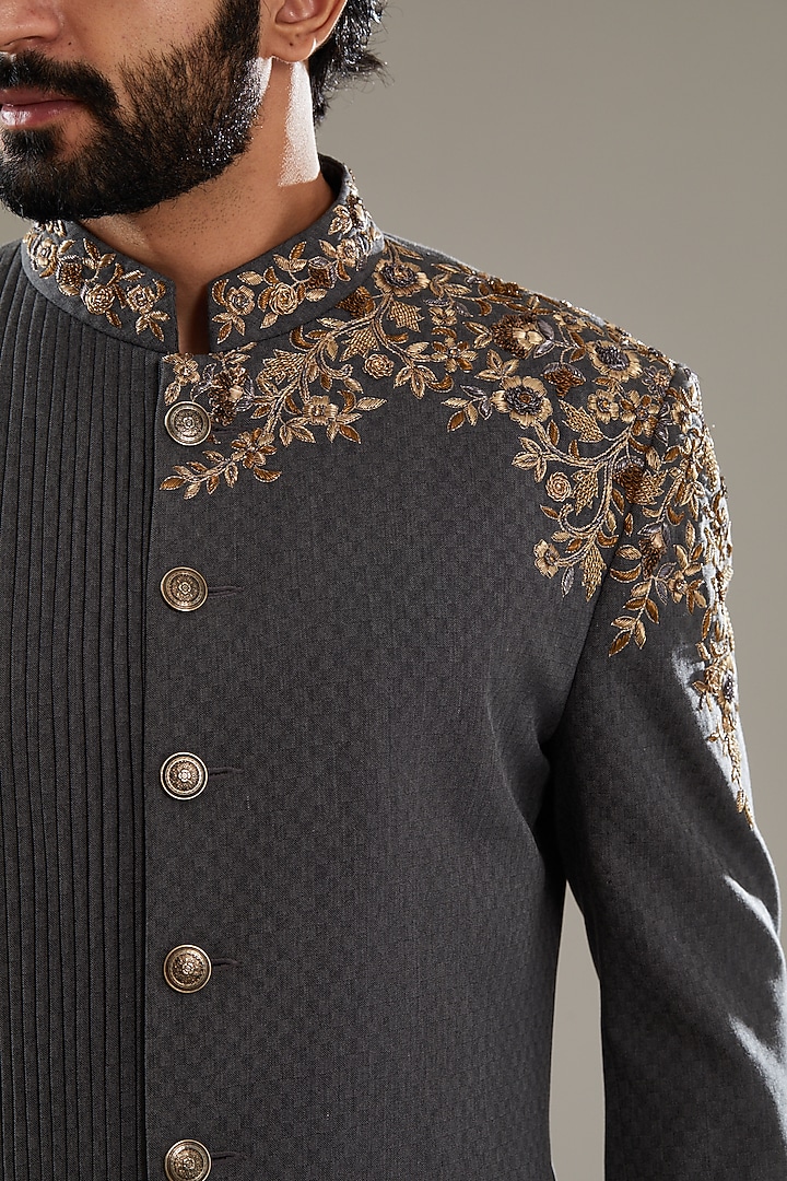 Grey Italian Fabric Embroidered Wedding Indowestern Set by SBJ at Pernia's Pop Up Shop