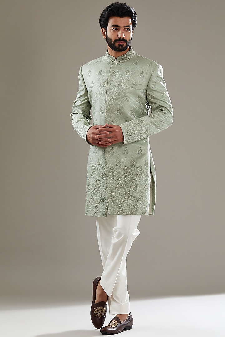 Mint Green Jacquard Embroidered Indowestern Set by SBJ