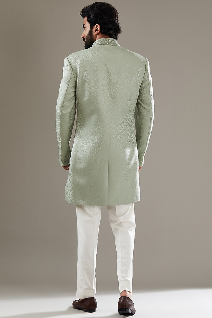 Mint Green Jacquard Embroidered Wedding Indowestern Set by SBJ at Pernia's Pop Up Shop
