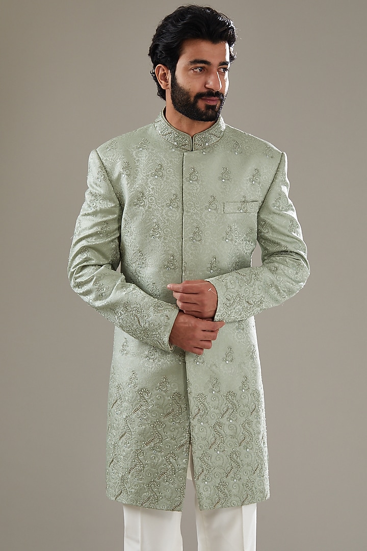 Mint Green Jacquard Embroidered Wedding Indowestern Set by SBJ at Pernia's Pop Up Shop