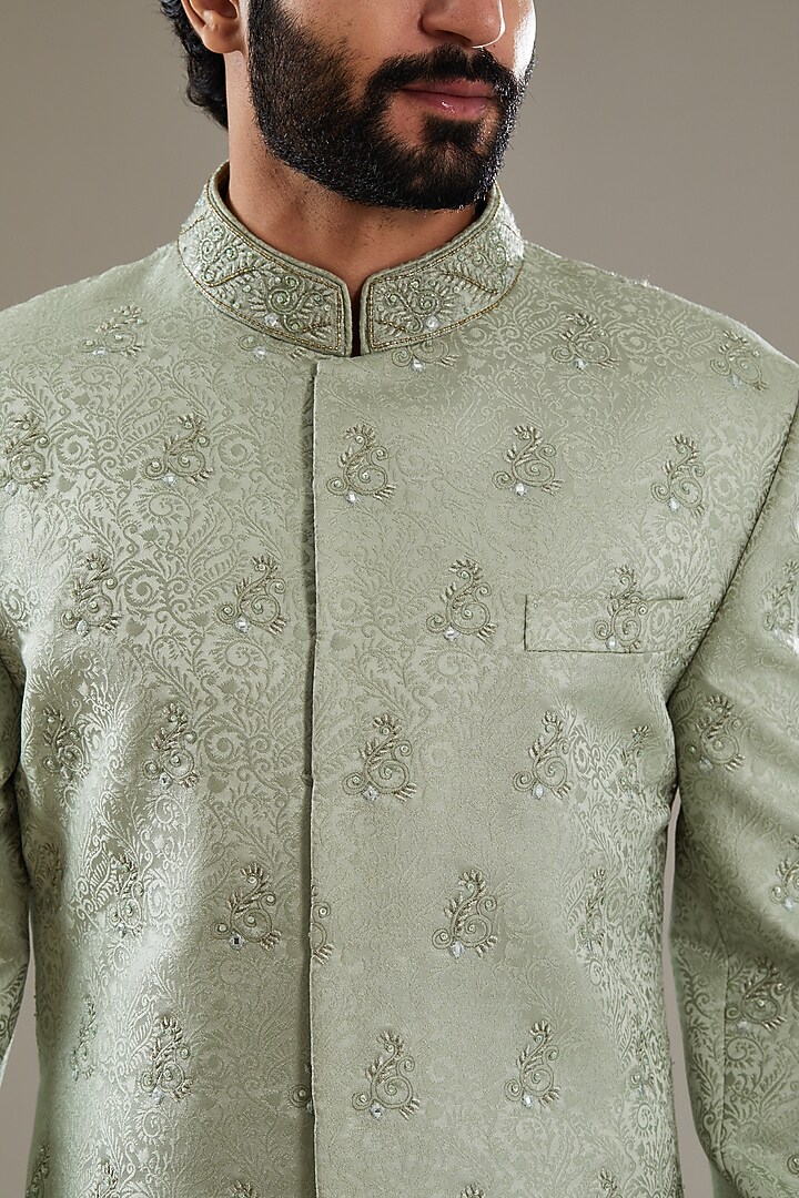 Mint Green Jacquard Embroidered Wedding Indowestern Set by SBJ at Pernia's Pop Up Shop
