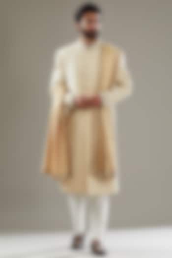 Gold Cream Jacquard Silk Embroidered Groom Sherwani Set by SBJ at Pernia's Pop Up Shop