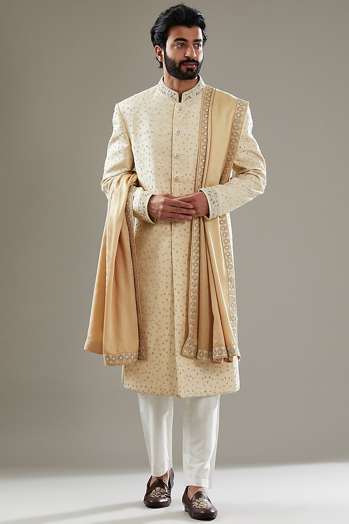 Gold Cream Jacquard Silk Embroidered Groom Sherwani Set by SBJ at Pernia's Pop Up Shop