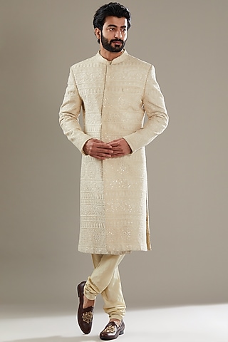 Ivory Self Embroidered Fabric Sherwani Set by SBJ