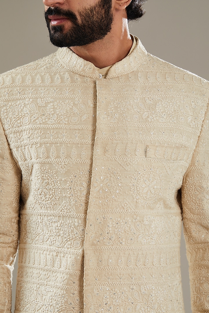 Ivory Self Embroidered Fabric Wedding Sherwani Set by SBJ at Pernia's Pop Up Shop