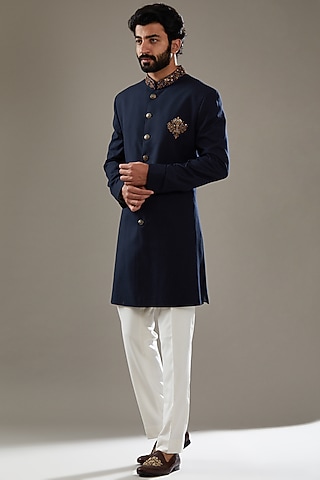 Dark Blue Wool Viscose Blend Embroidered Indowestern Set by SBJ