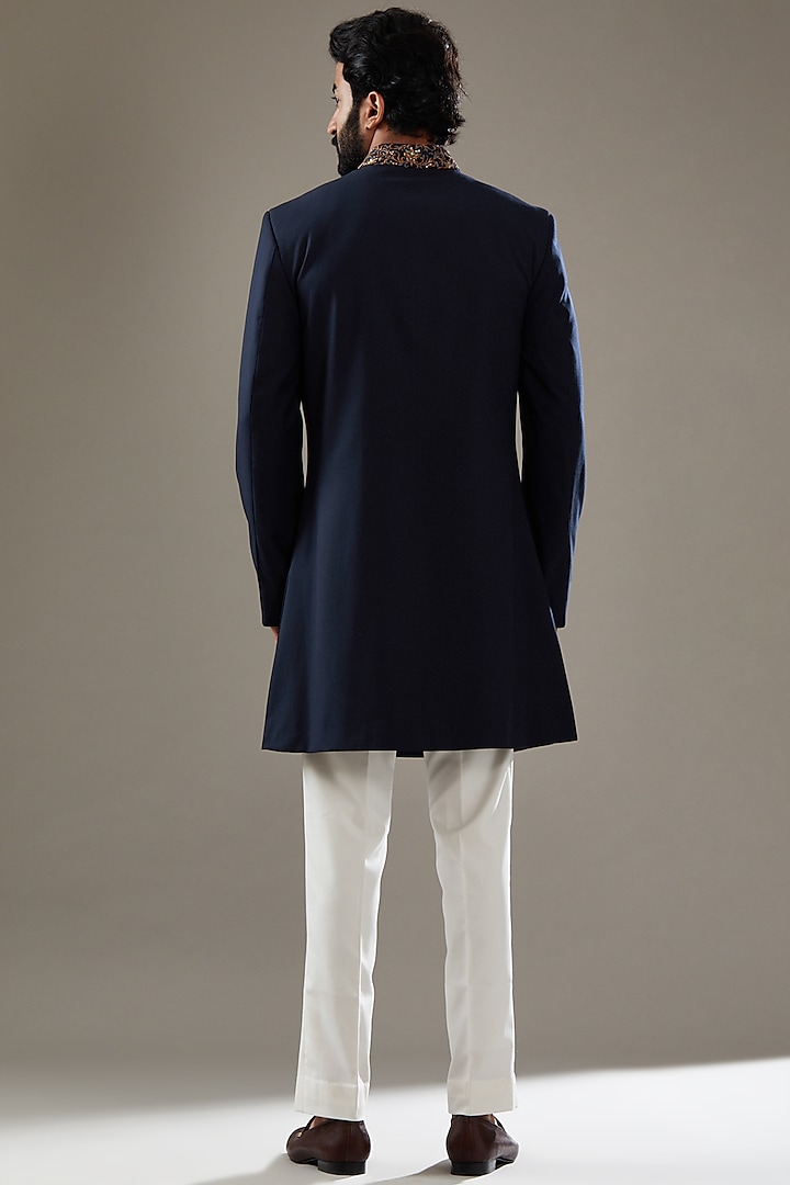Dark Blue Wool Viscose Blend Embroidered Wedding Indowestern Set by SBJ at Pernia's Pop Up Shop