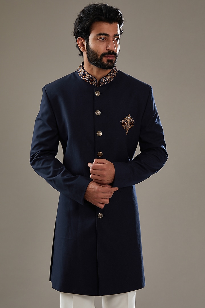 Dark Blue Wool Viscose Blend Embroidered Wedding Indowestern Set by SBJ at Pernia's Pop Up Shop