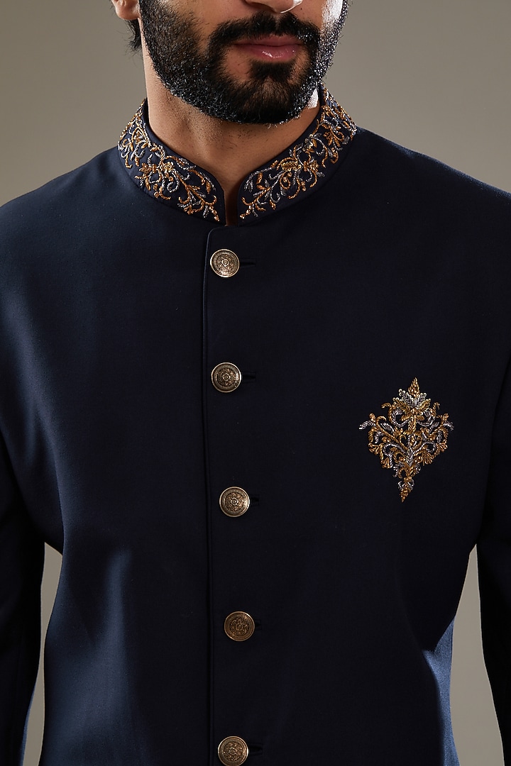 Dark Blue Wool Viscose Blend Embroidered Wedding Indowestern Set by SBJ at Pernia's Pop Up Shop