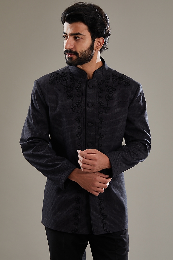 Black Italian Fabric Embroidered Jodhpuri Set by SBJ at Pernia's Pop Up Shop