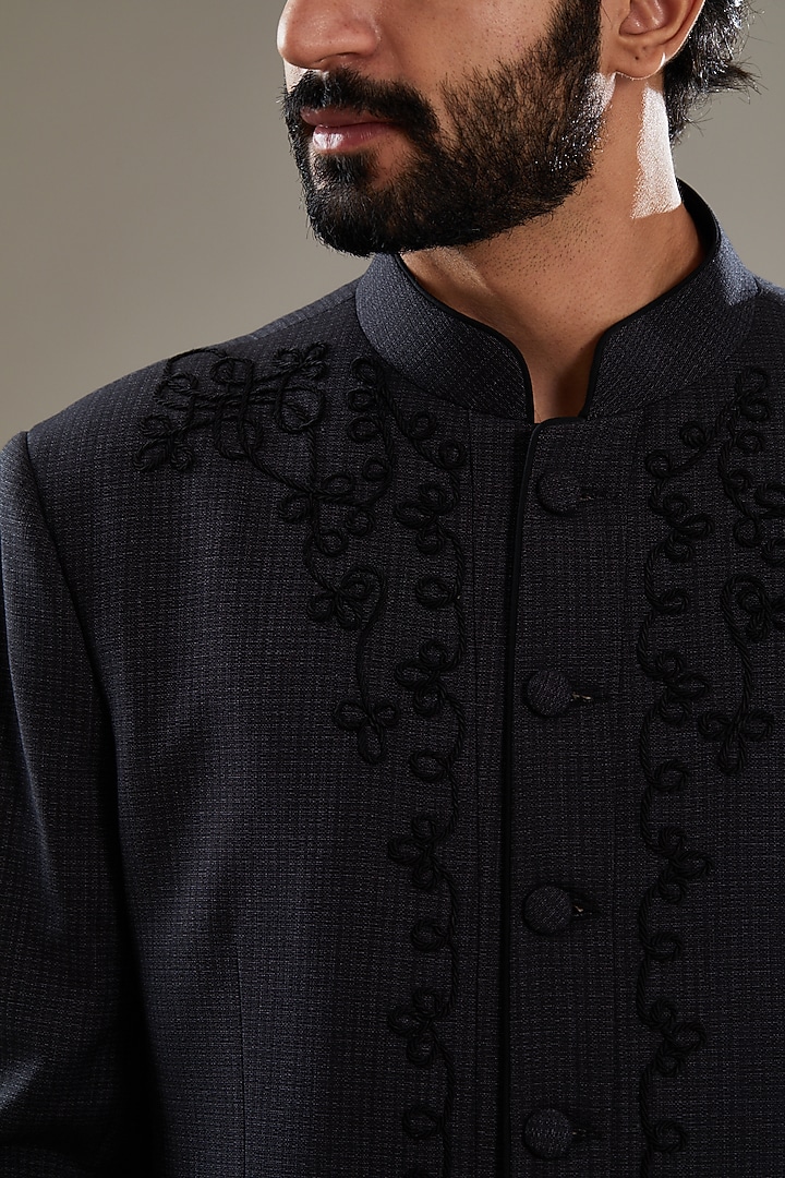 Black Italian Fabric Embroidered Jodhpuri Set by SBJ at Pernia's Pop Up Shop