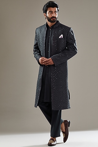 Charcoal Grey Embroidered Indowestern Set by SBJ