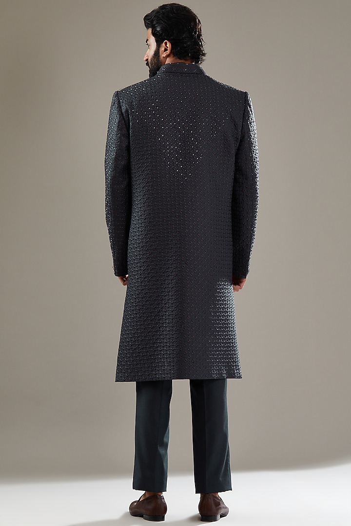 Charcoal Grey Embroidered Wedding Indowestern Set by SBJ at Pernia's Pop Up Shop