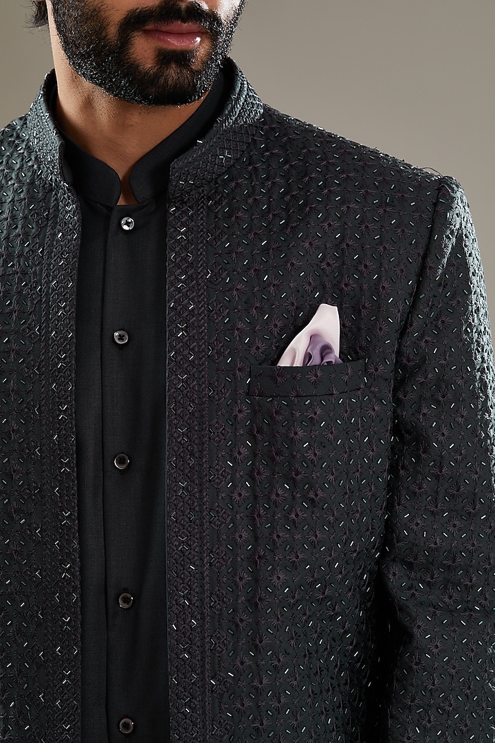 Charcoal Grey Embroidered Wedding Indowestern Set by SBJ at Pernia's Pop Up Shop
