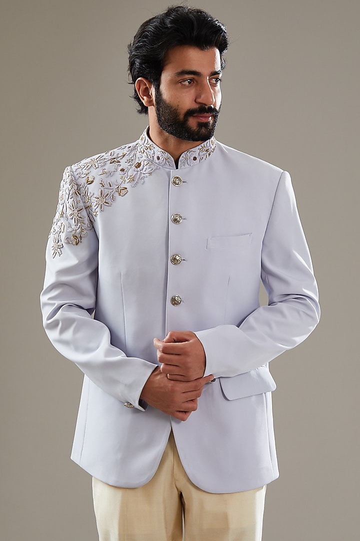 Light Blue Lycra Embroidered Jodhpuri Set by SBJ at Pernia's Pop Up Shop