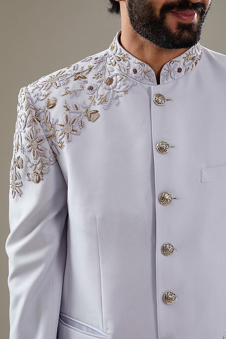 Light Blue Lycra Embroidered Jodhpuri Set by SBJ at Pernia's Pop Up Shop