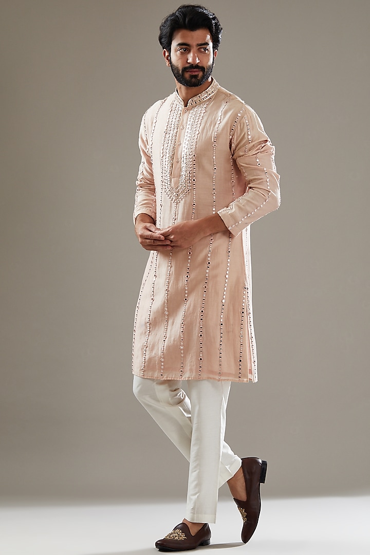 Peach Chanderi Silk Embellished Kurta Set by SBJ