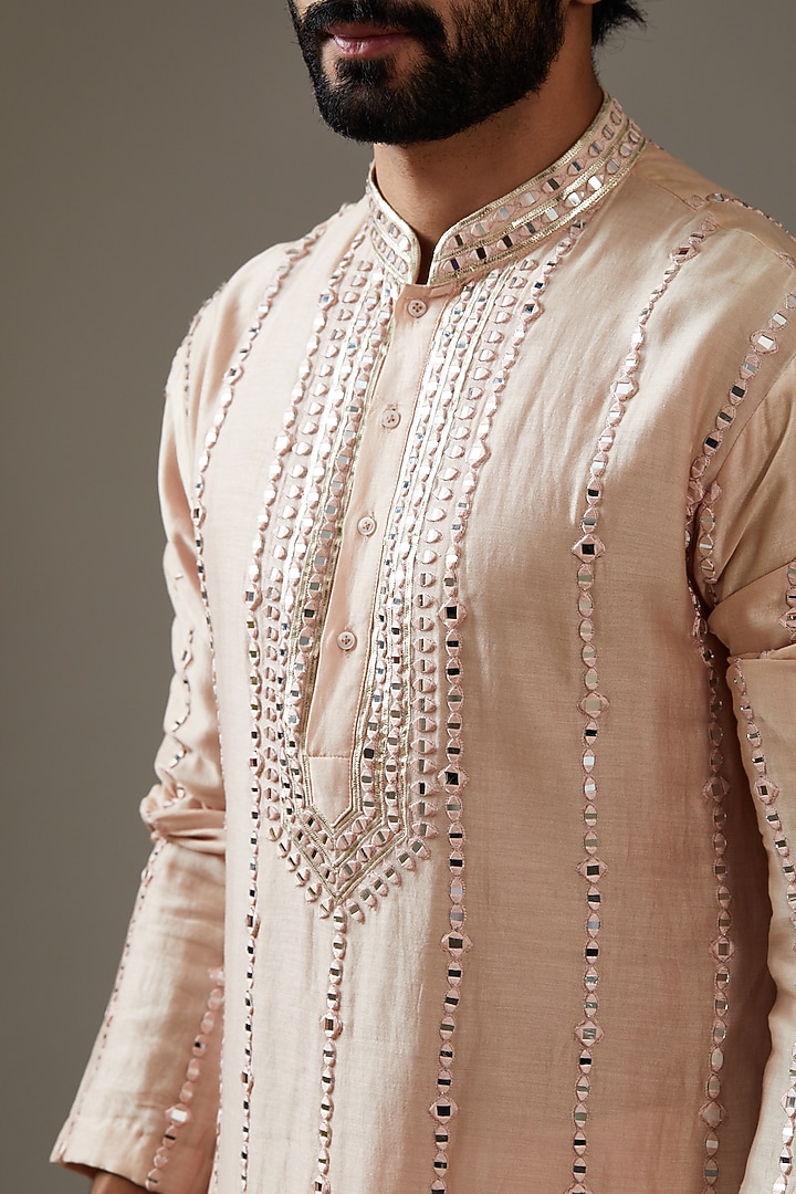 Peach Chanderi Silk Mirror Embellished Kurta Set by SBJ at Pernia's Pop Up Shop