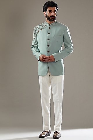 Light Green Lycra Embroidered Jodhpuri Set by SBJ