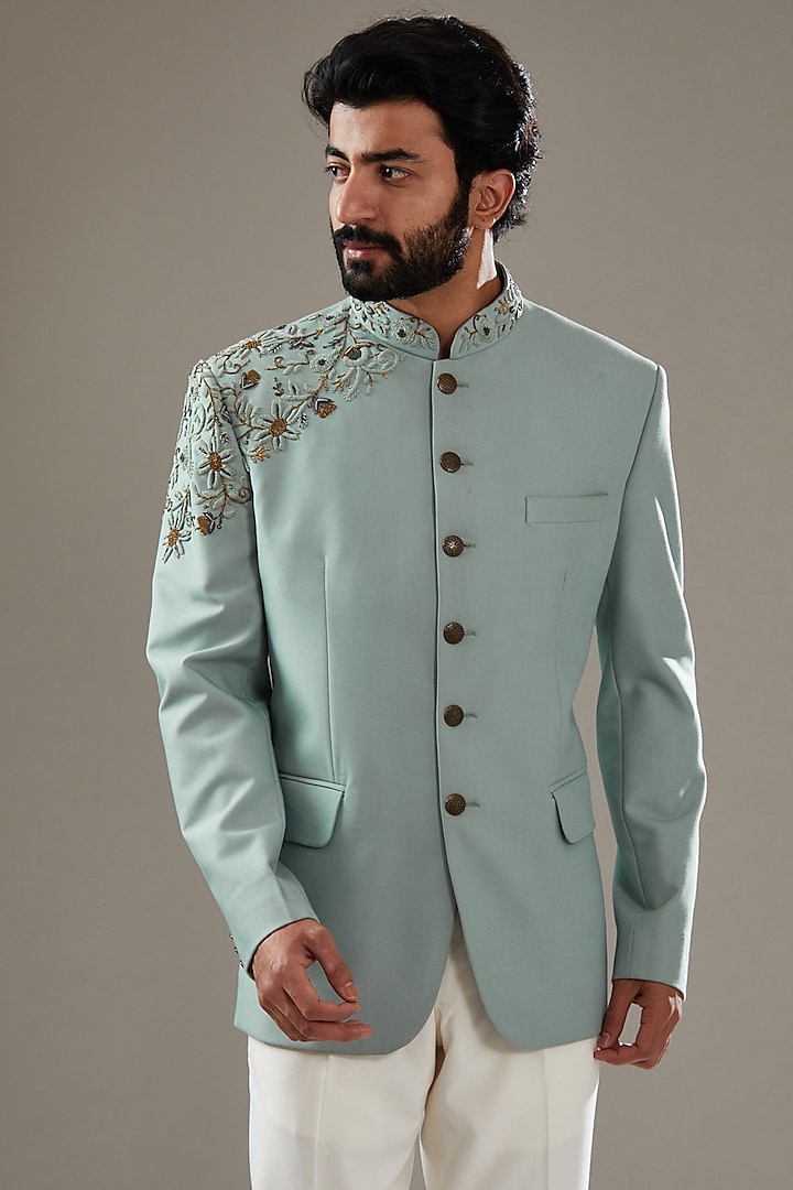 Light Green Lycra Embroidered Jodhpuri Set by SBJ at Pernia's Pop Up Shop
