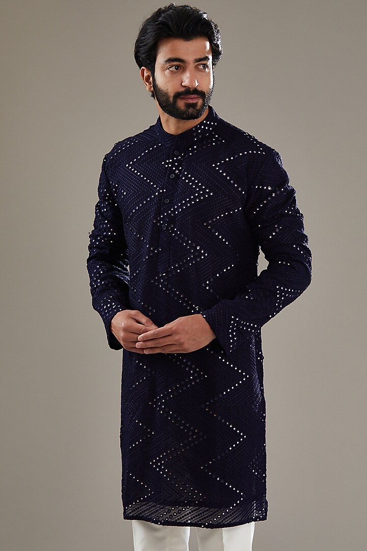 Dark Blue Georgette Embroidered Kurta Set by SBJ at Pernia's Pop Up Shop