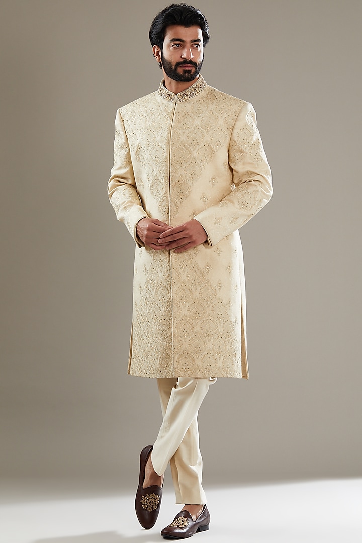 Cream Self Jacquard Embroidered Sherwani Set by SBJ