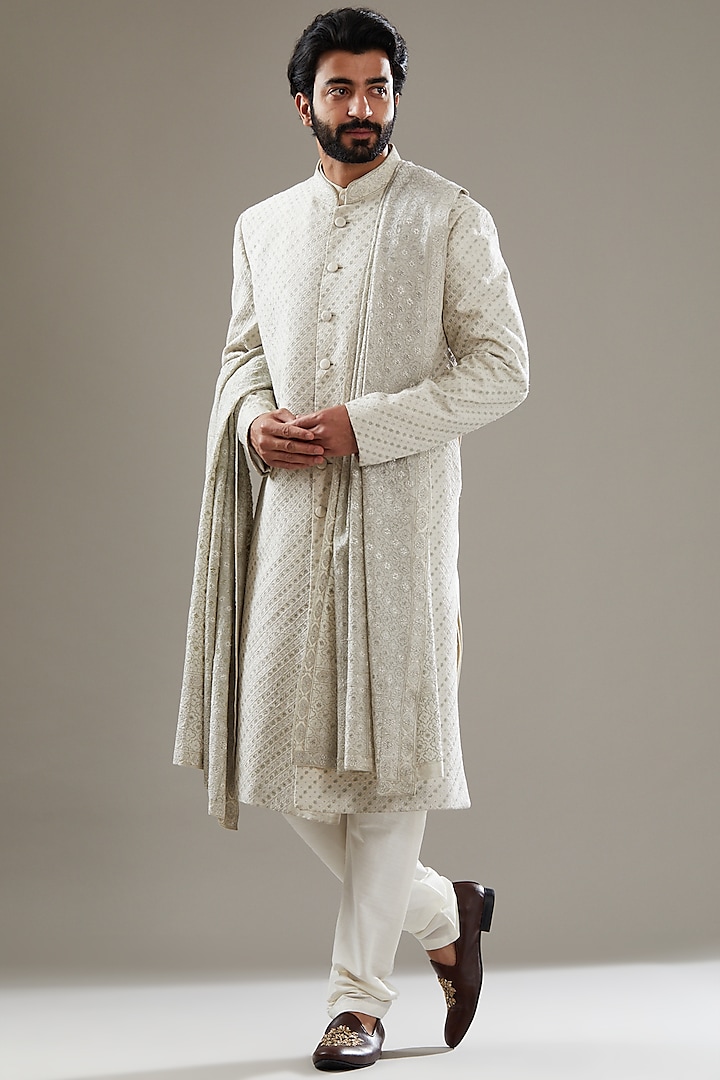Off-White Raw Silk Embroidered Groom Sherwani Set by SBJ at Pernia's Pop Up Shop