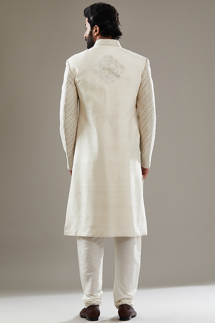 Off-White Raw Silk Embroidered Groom Sherwani Set by SBJ at Pernia's Pop Up Shop