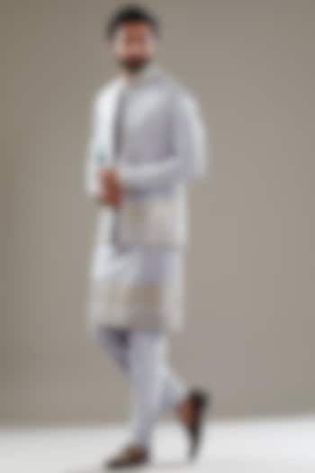 Sky Blue Cotton Silk Mirror Embroidered Bundi Jacket Set by SBJ at Pernia's Pop Up Shop