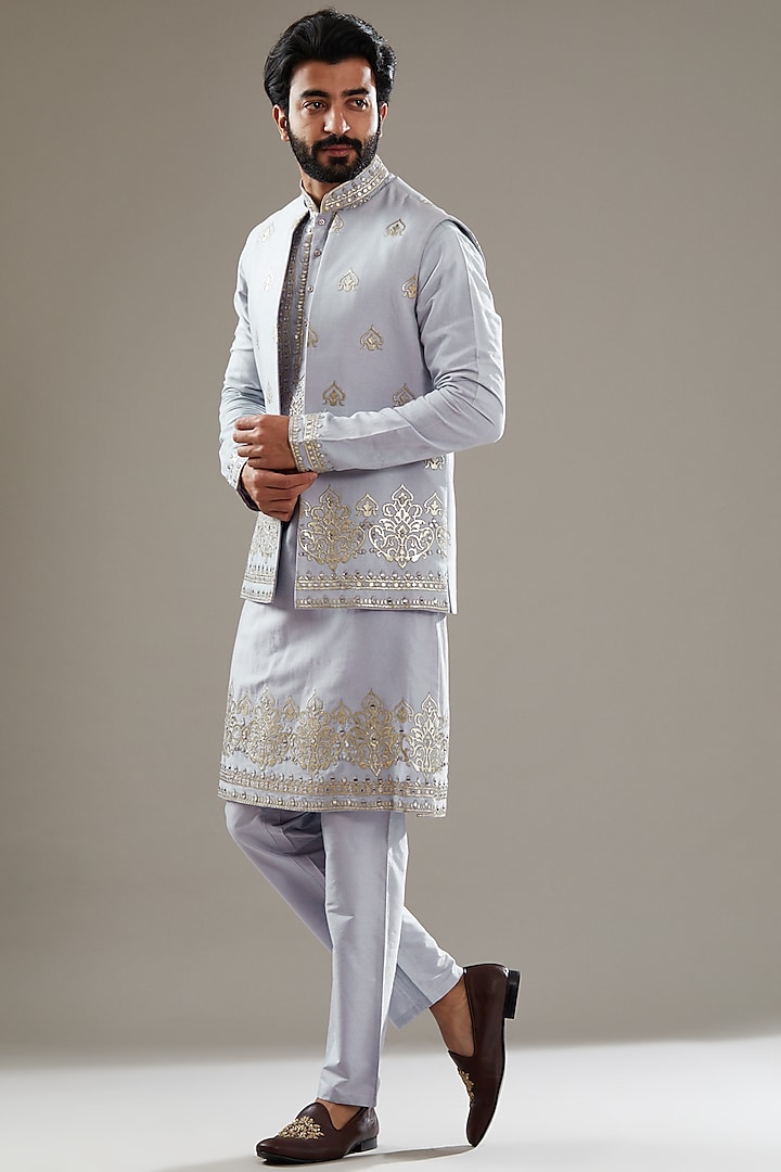 Sky Blue Cotton Silk Mirror Embroidered Bundi Jacket Set by SBJ at Pernia's Pop Up Shop