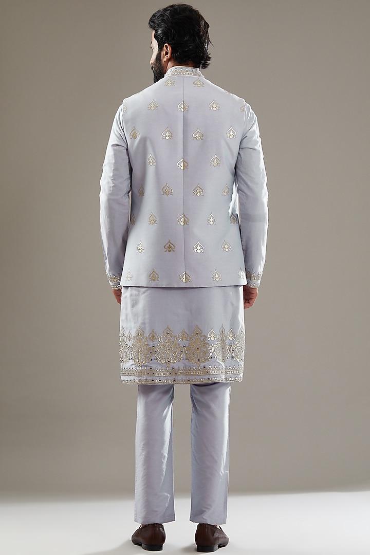 Sky Blue Cotton Silk Mirror Embroidered Bundi Jacket Set by SBJ at Pernia's Pop Up Shop
