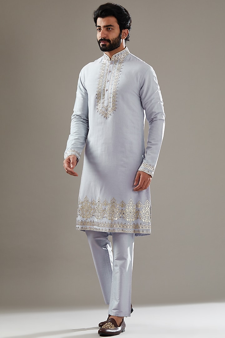 Sky Blue Cotton Silk Mirror Embroidered Bundi Jacket Set by SBJ at Pernia's Pop Up Shop