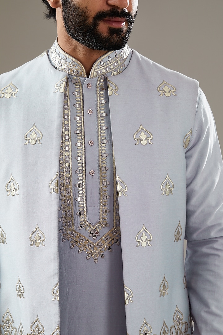 Sky Blue Cotton Silk Mirror Embroidered Bundi Jacket Set by SBJ at Pernia's Pop Up Shop