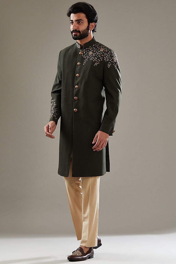 Dark Green Embroidered Jodhpuri Set by SBJ