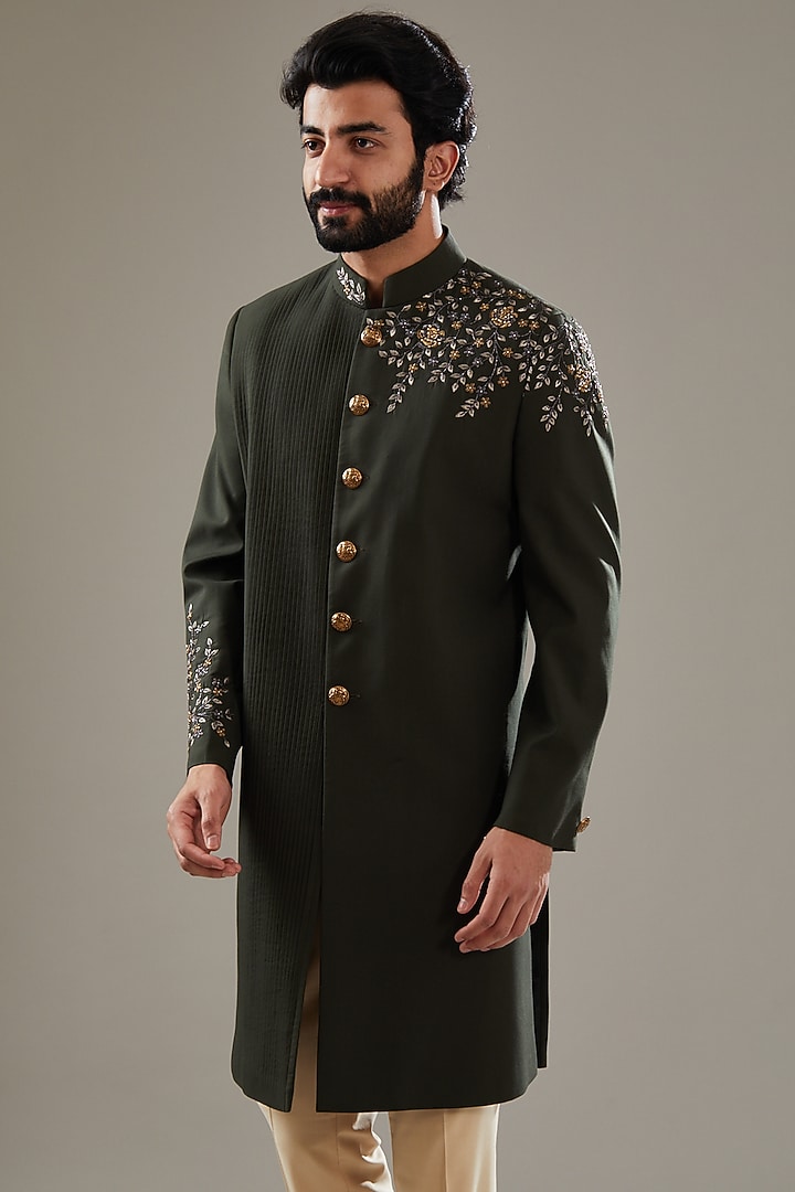 Dark Green Embroidered Jodhpuri Set by SBJ at Pernia's Pop Up Shop