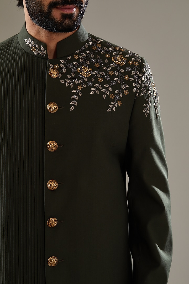 Dark Green Embroidered Jodhpuri Set by SBJ at Pernia's Pop Up Shop