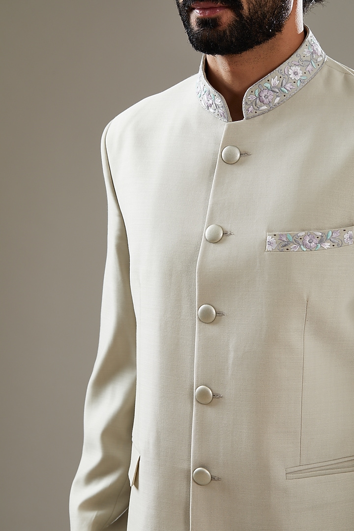 Light Olive Italian Fabric Embroidered Jodhpuri Suit Set by SBJ at Pernia's Pop Up Shop