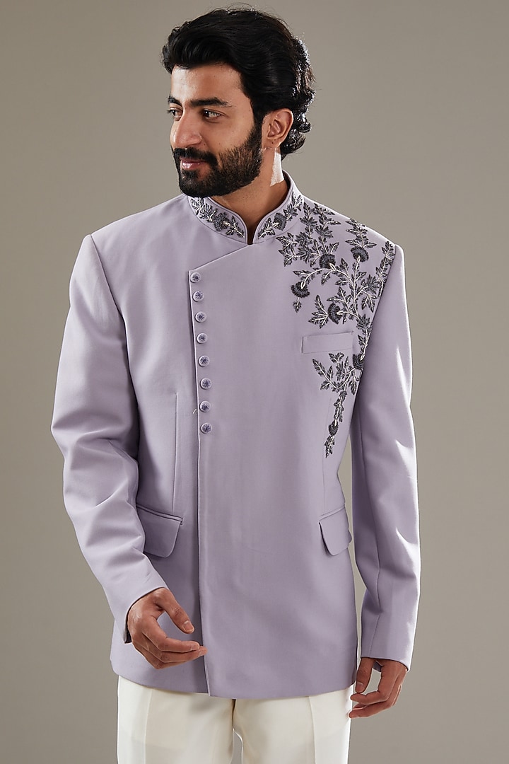 Light Mauve Lycra Embroidered Jodhpuri Set by SBJ at Pernia's Pop Up Shop
