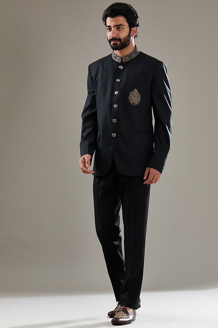 Black Italian Fabric Embroidered Wedding Indowestern Set by SBJ at Pernia's Pop Up Shop