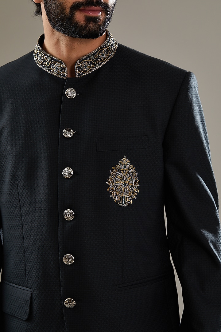 Black Italian Fabric Embroidered Wedding Indowestern Set by SBJ at Pernia's Pop Up Shop